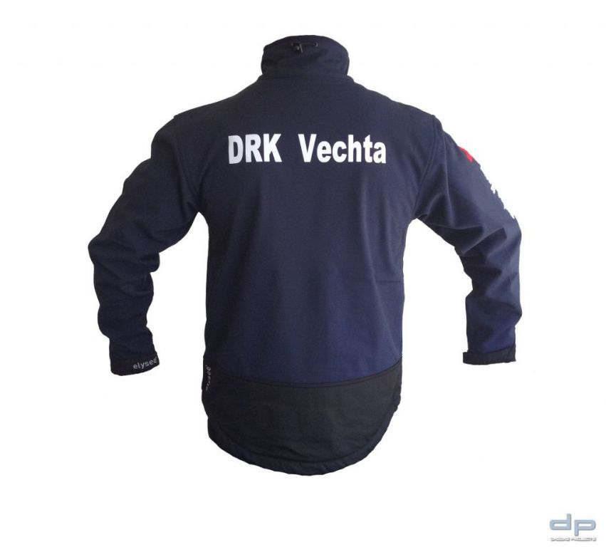 Behörden Softshell Jacke blau/schwarz mit Sonderlogo DRK und Wunschtext