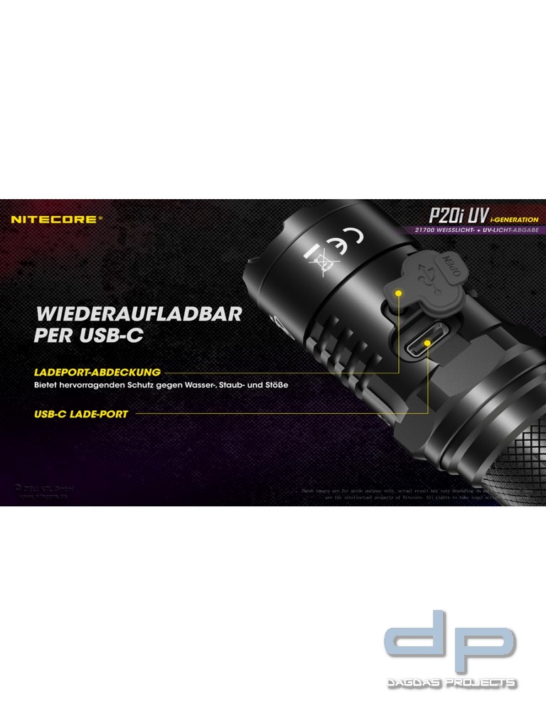 NiteCore® Taschenlampe P20i mit UV Licht - inkl. Akku und Holster