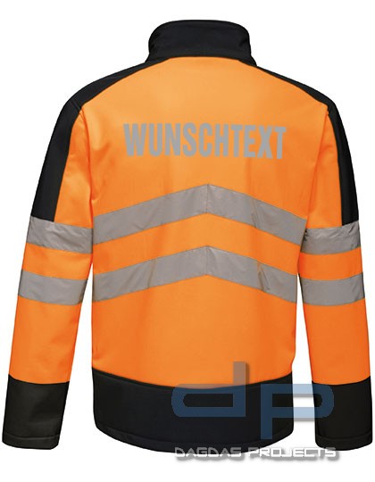 Hi-Vis Pro Softshell Jacket mit Wunschtext auf Brust und Rücken in Silber Reflex