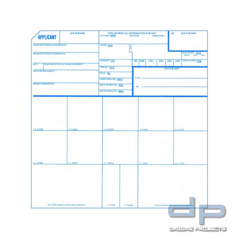 Identicator® Karte für kompletten Satz Fingerabdrücke, 250er Pack