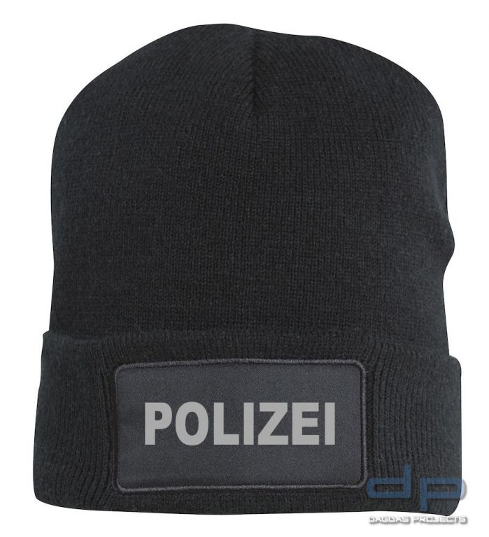 Behörden Strickmütze mit Aufdruck POLIZEI in Reflex Silber