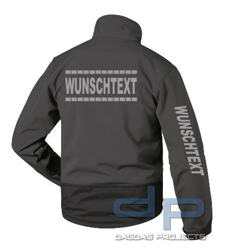 Wunschtext Softshell Jacke schwarz mit 3 Fach Sonderdruck in Reflex silber und gestrichelte Umrandun