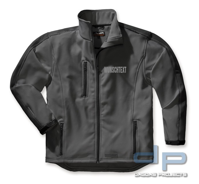 WORKPOWER SOFTSHELLJACKE in Anthrazit/Schwarz und Weiß/Grau mit Wunschaufdruck auf Brust und Rücken
