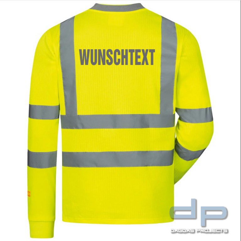 UV-WARNSCHUTZ LANGARM T-SHIRT in fluoreszierend gelb mit Wunschaufdruck auf dem Rücken