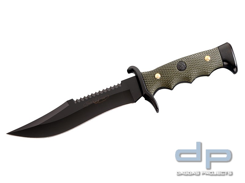 Nieto Gürtelmesser, brünierte Klinge, Rückensäge, Scheide in Camouflage-Design