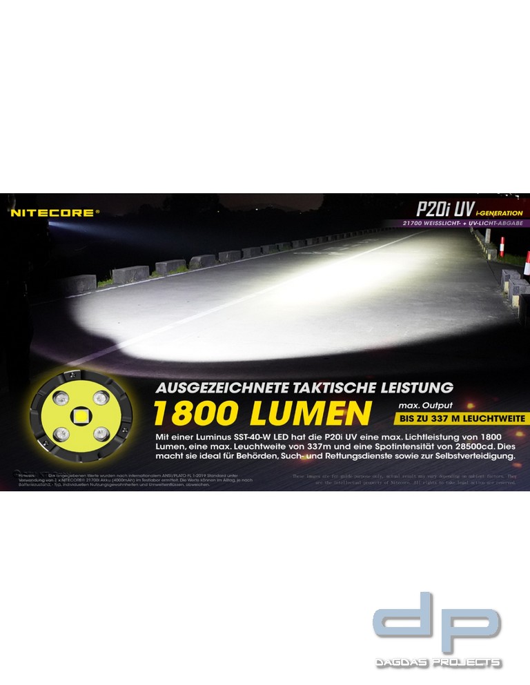 NiteCore® Taschenlampe P20i mit UV Licht - inkl. Akku und Holster