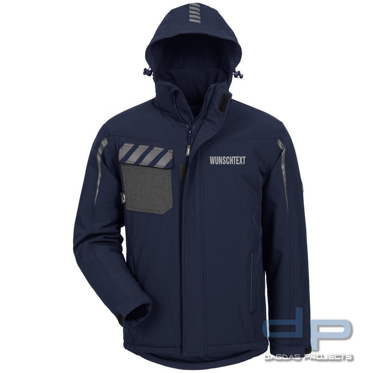 Behörden Winter-Softshell Jacke in Dunkelblau mit Aufdruck nach Wunsch in reflex silber