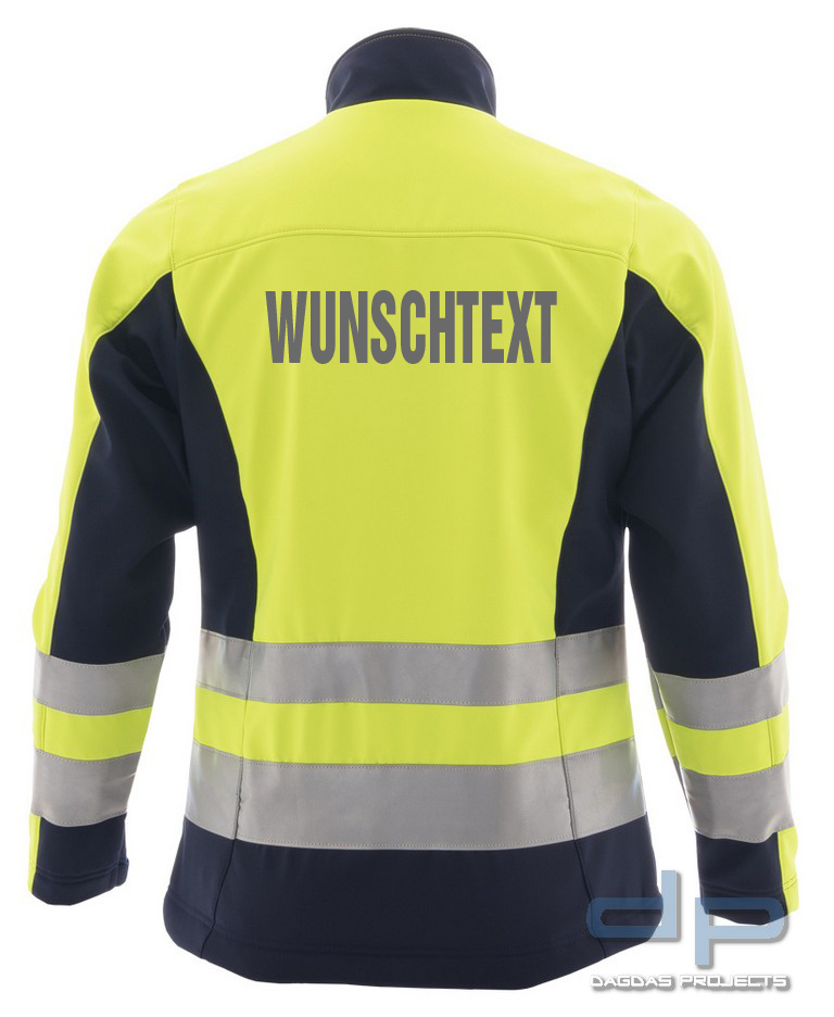 SOFTSHELLJACKE MÜNCHEN LEUCHTGELB-MARINE mit Wunschaufdruck auf Brust und Rücken