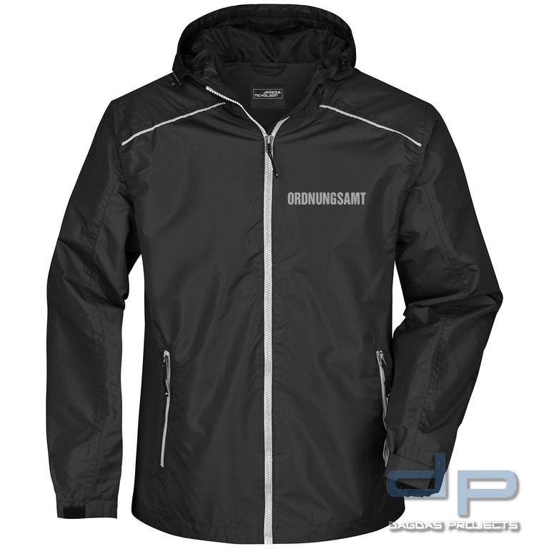Mens’ Rain Jacket Regenjacke Windbreaker Schwarz Größe XL mit Aufdruck ORDNUNGSAMT in reflex silber