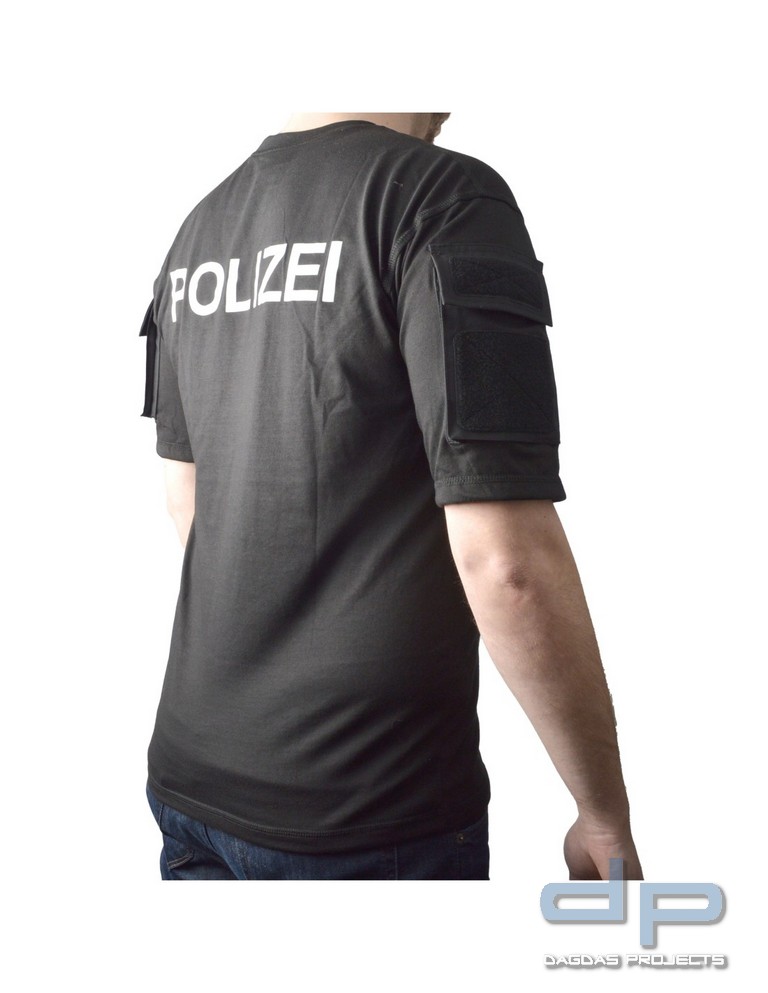 T-Shirt mit Druck POLIZEI, weiße Schrift, Ärmeltaschen mit Klett für Abzeichen