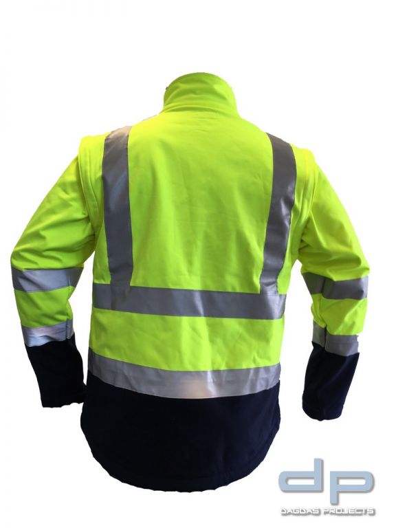 Behörden Warnschutz Softshelljacke orange oder gelb mit abnehmbaren Ärmeln und Wunschaufdruck