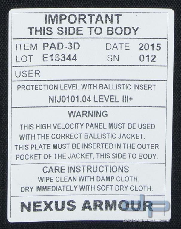 NEXUS Plate Level 3+ Dyneema Double Curve Front