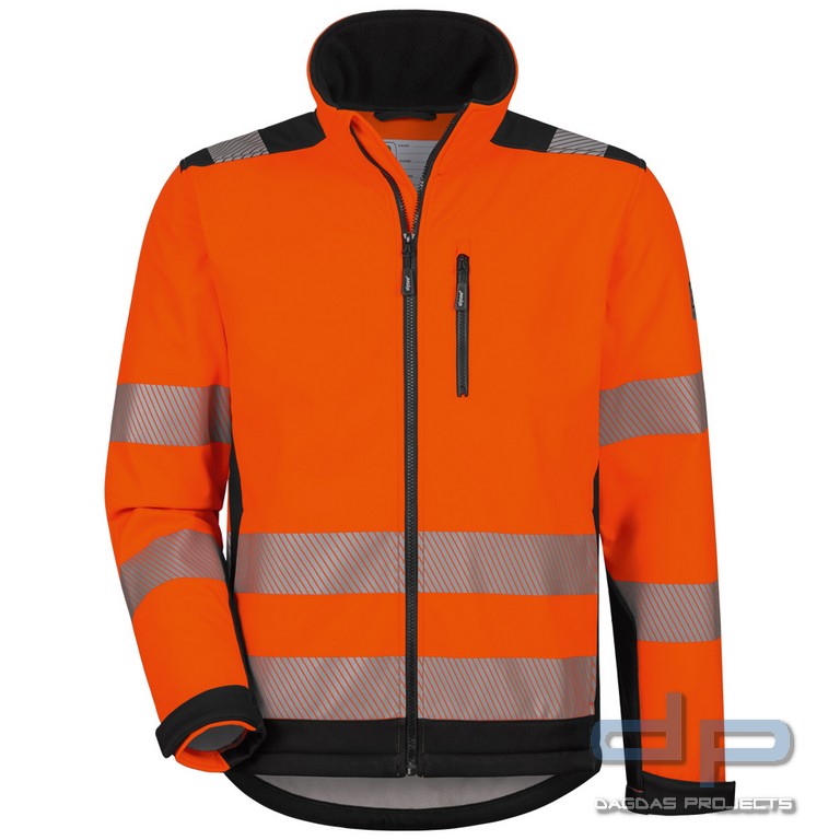 WARNSCHUTZ-SOFTSHELLJACKE in fluoreszierend orange/schwarz abgesetzt mit Wunschdruck auf Brsut und R