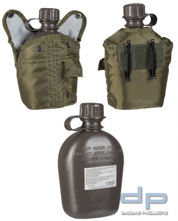 US Feldflasche Kunststoff Import 1 Ltr. mit Hülle oliv 6 Stück