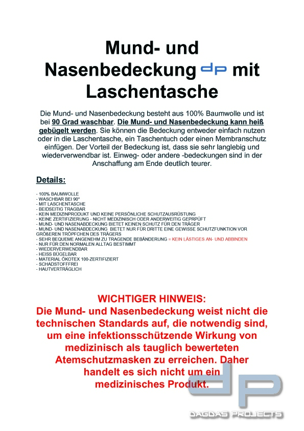 Mund- und Nasenbedeckung Behörde mit Reflexaufdruck und Laschentasche - Nicht für den medizinisch