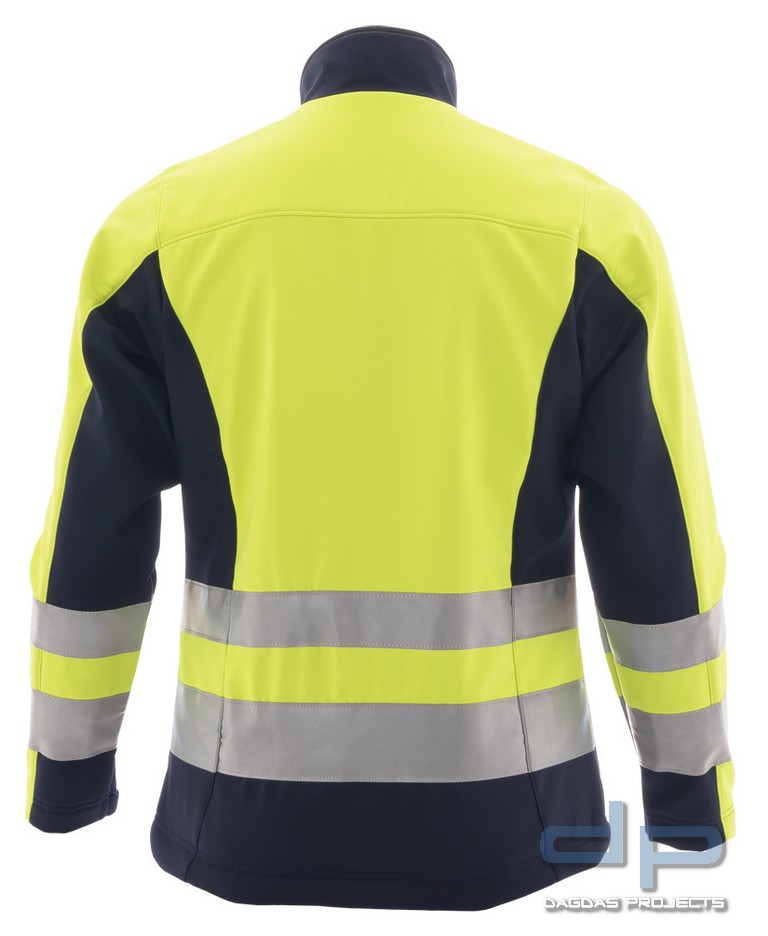 SOFTSHELLJACKE MÜNCHEN LEUCHTGELB-MARINE mit Wunschaufdruck auf Brust und Rücken