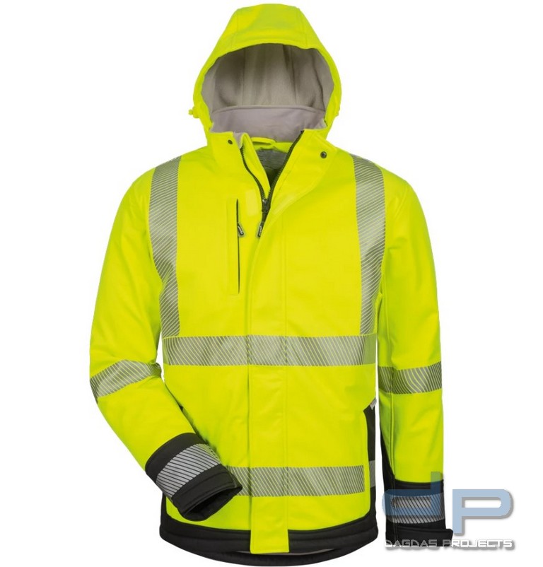 Warnschutz-Winter Softshell Jacke mit Kapuze und Wunschtext gelb