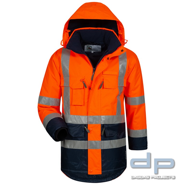 Warnschutz Parka mit Wunschbeschriftung in Orange und Marine abgesetzt