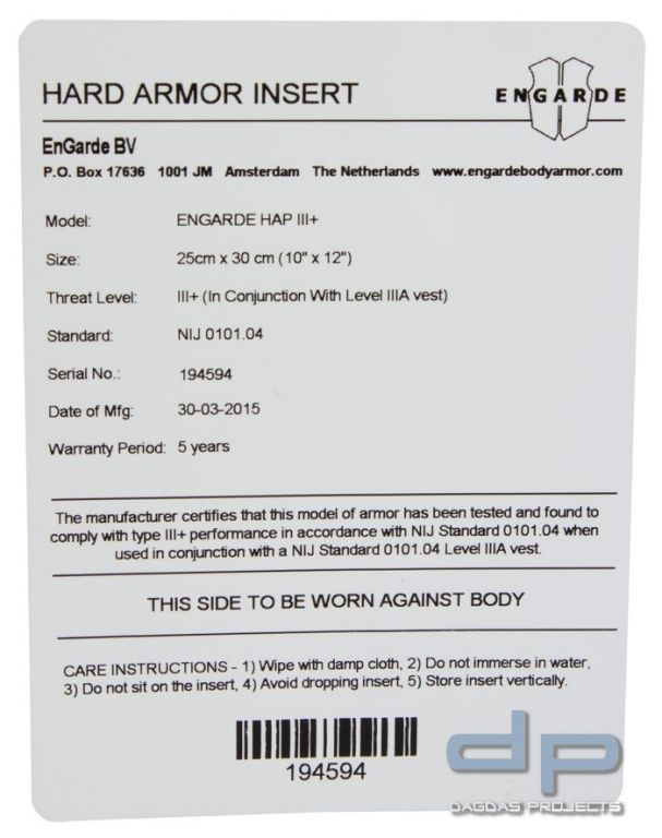 EnGarde Schutzplatte DYNEEMA Level III+