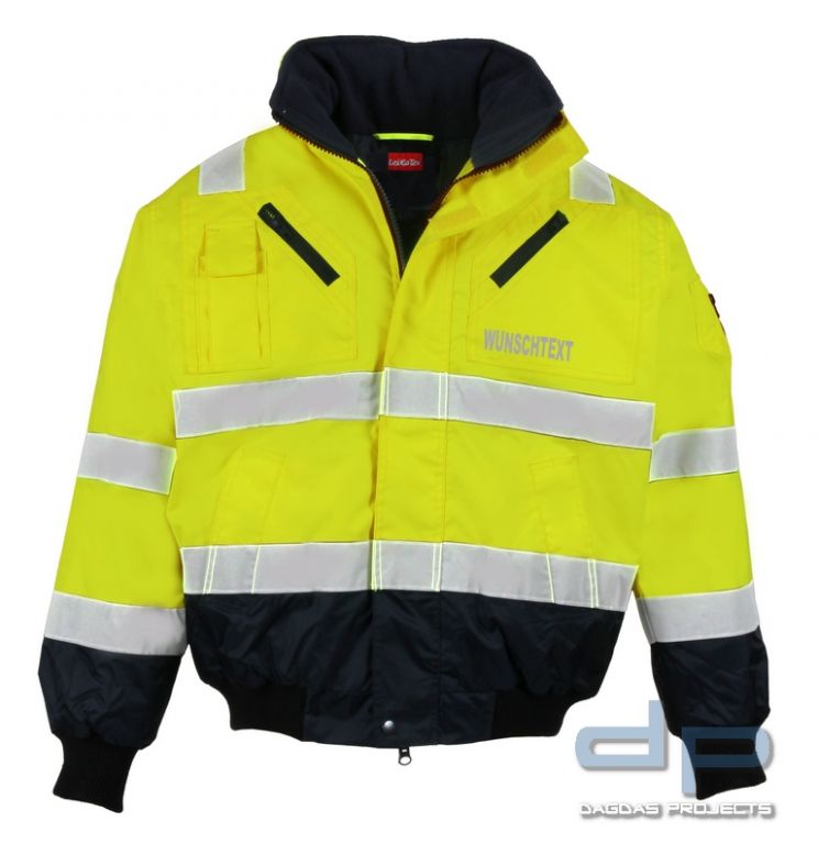 Pilotenwarnschutzjacke nach EN 20471 und EN 343 Neongelb/Marine mit Wunschaufdruck