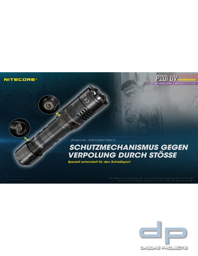 NiteCore® Taschenlampe P20i mit UV Licht - inkl. Akku und Holster