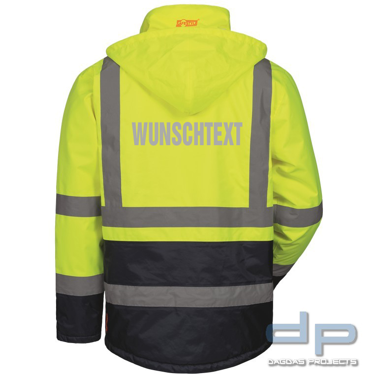 SAFESTYLE WARNSCHUTZPARKA GELB/MARINE mit Aufdruck nach Wunsch auf Brust und Rücken
