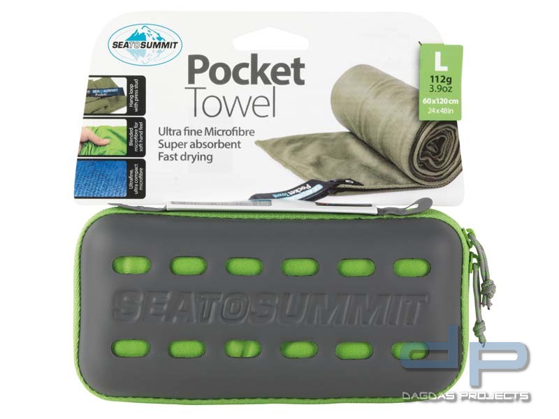 Sea to Summit POCKET TOWEL L, Mikrofaserhandtuch, lime-grün, Aufbewahrungstasche