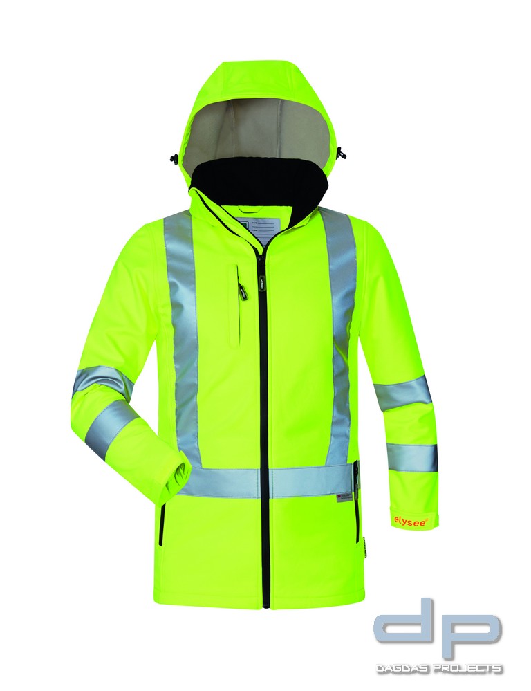DAMEN WARNSCHUTZ-SOFTSHELLJACKE GELB mit Wunschtext auf Brust und Rücken in Reflex Silber