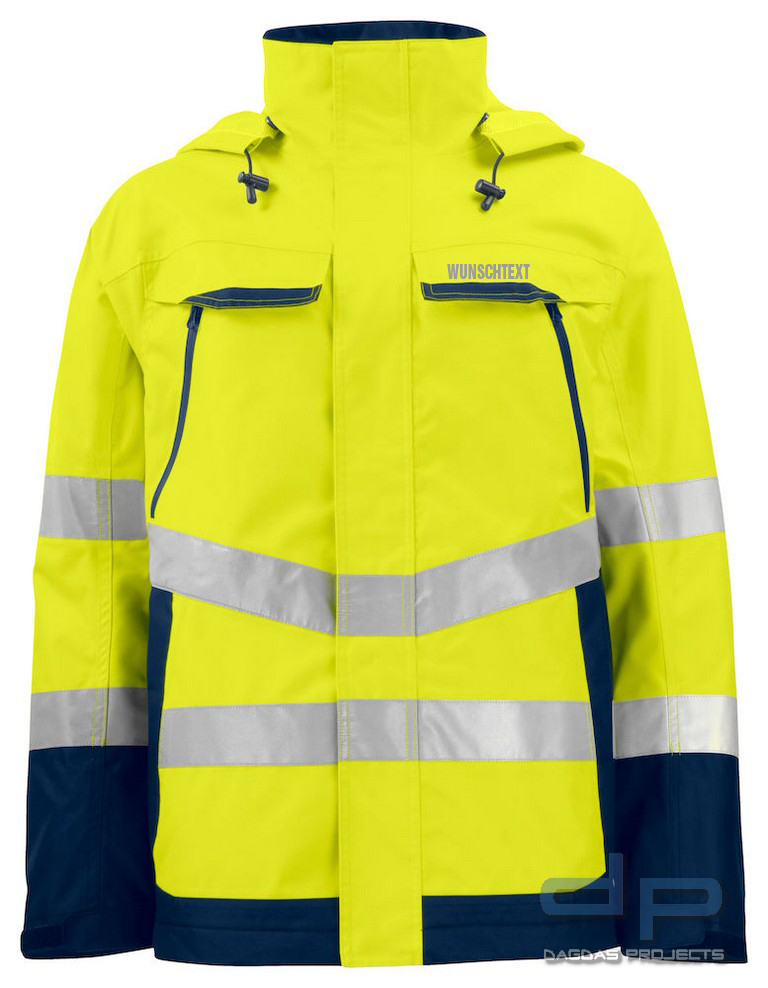 Funktionsjacke EN ISO 20471 Klasse 3 ProJob in Gelb/Navy Größe: L mit Wunschtext auf Brust und Rücke