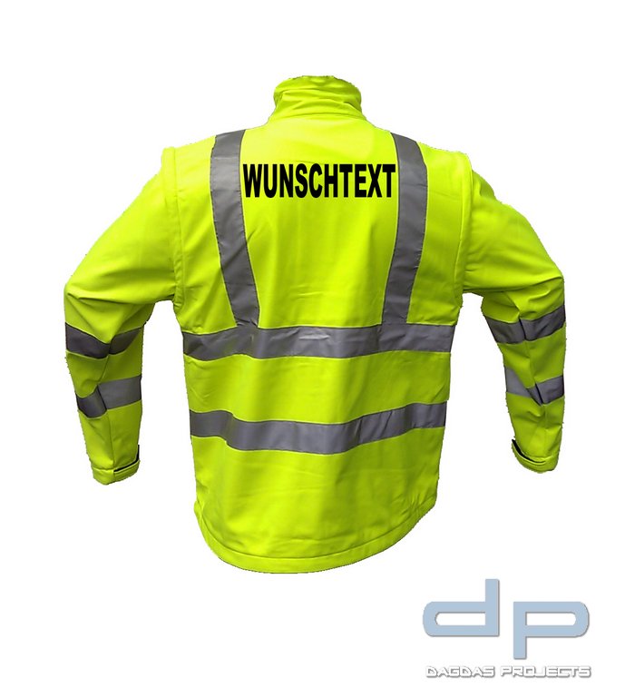Warnschutz Softshell Jacke in Fluoreszierend Gelb 2 in 1 WUNSCHTEXT in reflex silber