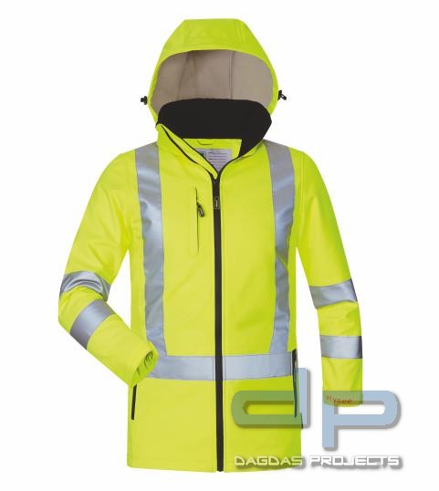 DAMEN WARNSCHUTZ-SOFTSHELLJACKE GELB mit Wunschtext auf Brust und Rücken in Reflex Silber