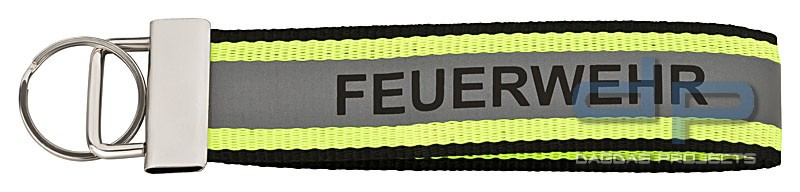 Schlüsselanhänger FEUERWEHR in gelb-silber-gelb Optik mit reflektierendem Streifen 140x30mm mit Schl