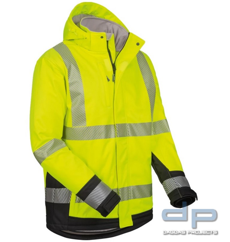 Warnschutz-Winter Softshell Jacke mit Kapuze und Wunschtext gelb