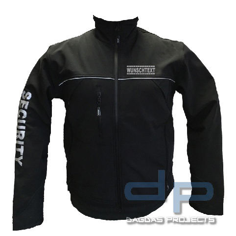 Wunschtext Softshell Jacke schwarz mit 3 Fach Sonderdruck in Reflex silber und gestrichelte Umrandun