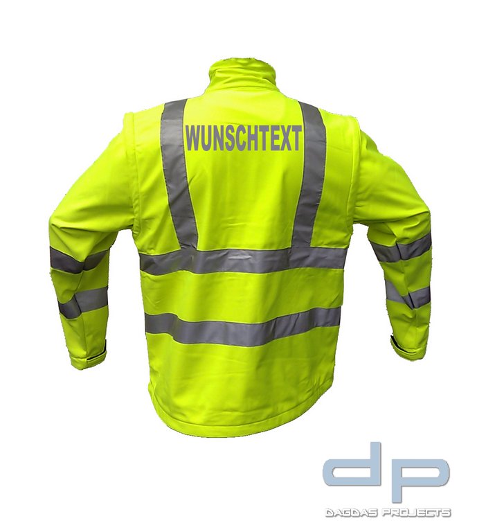 Warnschutz Softshell Jacke in Fluoreszierend Gelb 2 in 1 WUNSCHTEXT in reflex silber