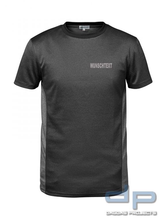 Funktions-T-Shirt in Dunkelgrau/Hellgrau mit reflektierend silberner Aufschrift nach Wunsch