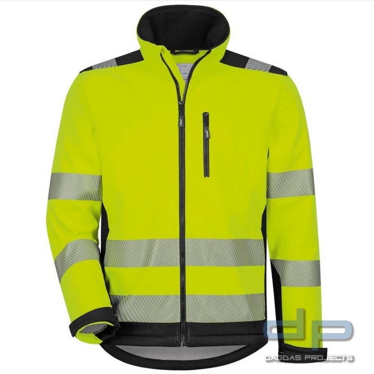 WARNSCHUTZ-SOFTSHELLJACKE in fluoreszierend gelb/schwarz abgesetzt mit Wunschdruck auf Brsut und Rüc