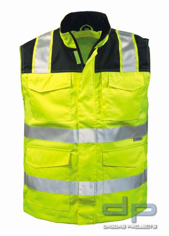 Behörden Warnschutzweste in Gelb/Schwarz oder Orange/Schwarz mit Wunschaufdruck in Reflex Silber