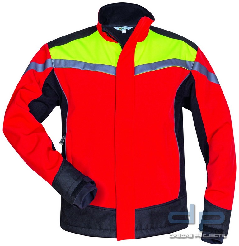 WALDARBEITER SOFTSHELL-JACKE in ROT/GELB/SCHWARZ mit Wunschtext auf Brust und Rücken in Reflex Silbe