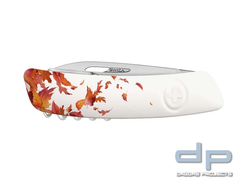 SWIZA Schweizer Messer D03 AUTUMN EDITION, Stahl 440, weisse Anti-Rutsch-Schalen, Herbst-Design, 11 