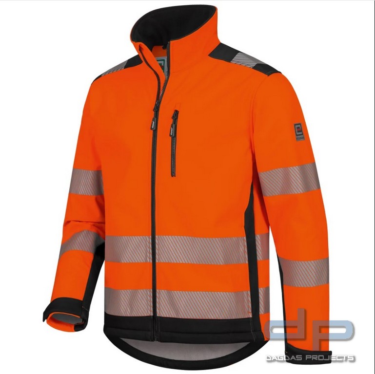 WARNSCHUTZ-SOFTSHELLJACKE in fluoreszierend orange/schwarz abgesetzt mit Wunschdruck auf Brsut und R