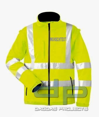 Warnschutz Softshell Jacke in Fluoreszierend Gelb 2 in 1 WUNSCHTEXT in reflex silber