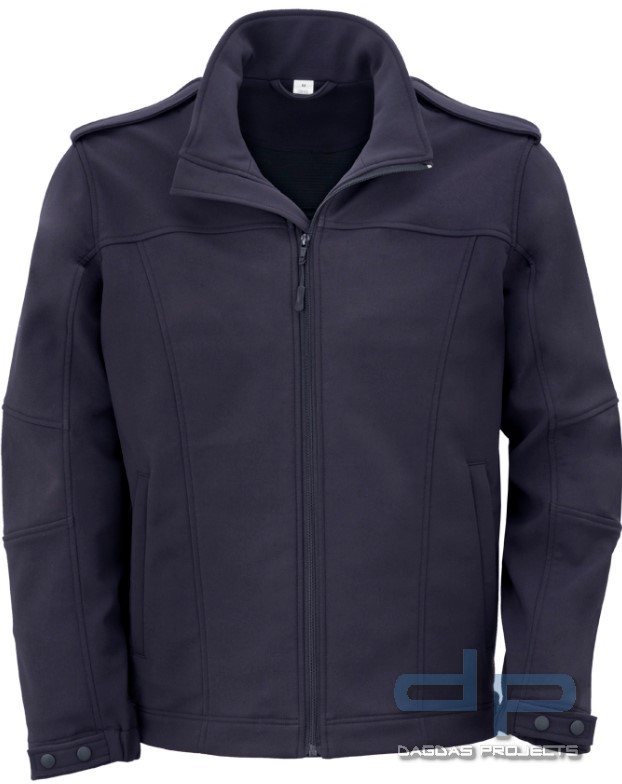 Herren SOFTSHELL-BLOUSON in Schwarzblau mit Wunschaufdruck auf Brust und Rücken
