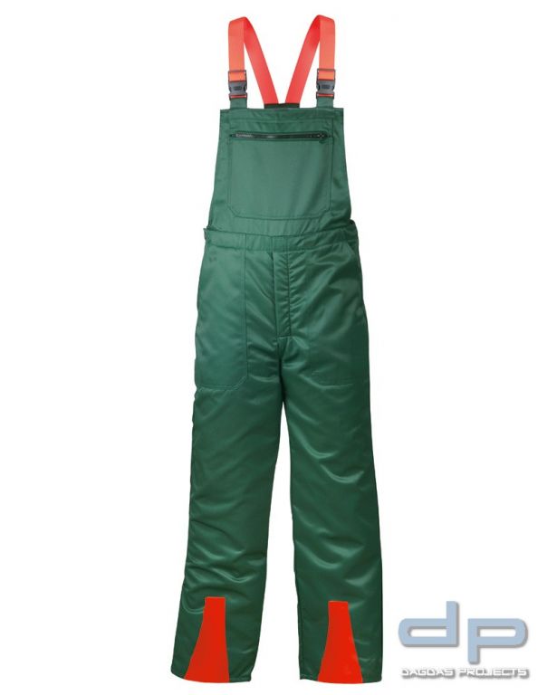 Latzhose in Grün/Rot mit Schnittschutz