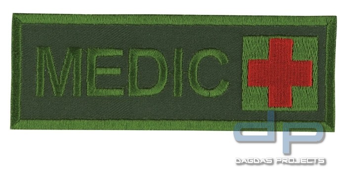 Schriftzug Medic mit Kreuz Oliv/Rot auf Klett