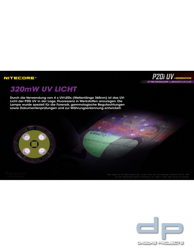 NiteCore® Taschenlampe P20i mit UV Licht - inkl. Akku und Holster