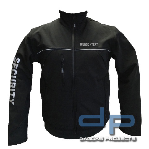 Wunschtext Softshell Jacke schwarz mit 3 Fach Sonderdruck und Wunschtext in Reflex silber
