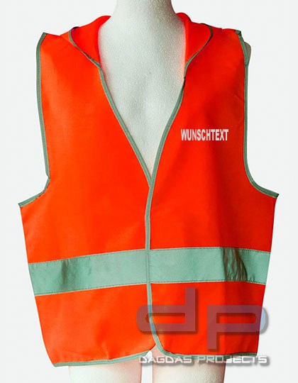 Kinder-Warnweste EN 1150 mit Kapuze orange oder gelb mit Wunschaufdruck in reflex silber