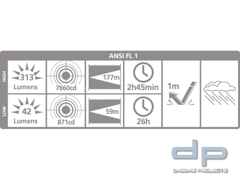 de.power LED Taschenlampe, Cree LED, 2 Modi, 2x CR123-Batterien, 313 Lumen nach Ansi FL-1