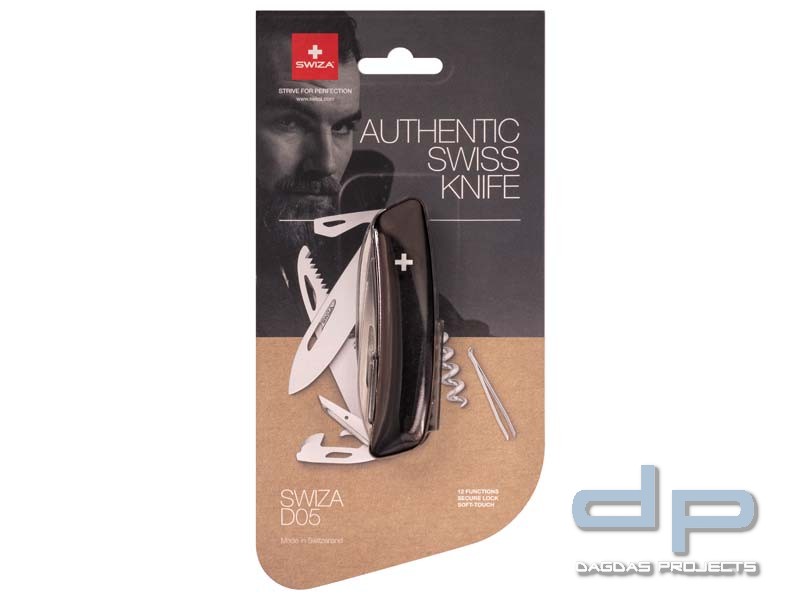 SWIZA Taschenmesser D05, Sicherheitsarretierung, schwarzer Anti-Rutsch-Griff, Säge + 10 weitere Funk